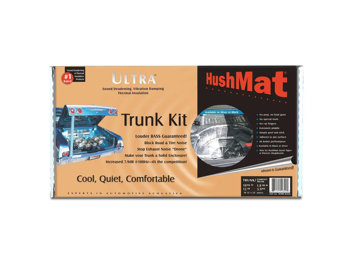 Hushmat 10300 Trunk Kit Has 10 Black Sheets Of 12X23 In Ultra. Total 19.1 Sqft. 1