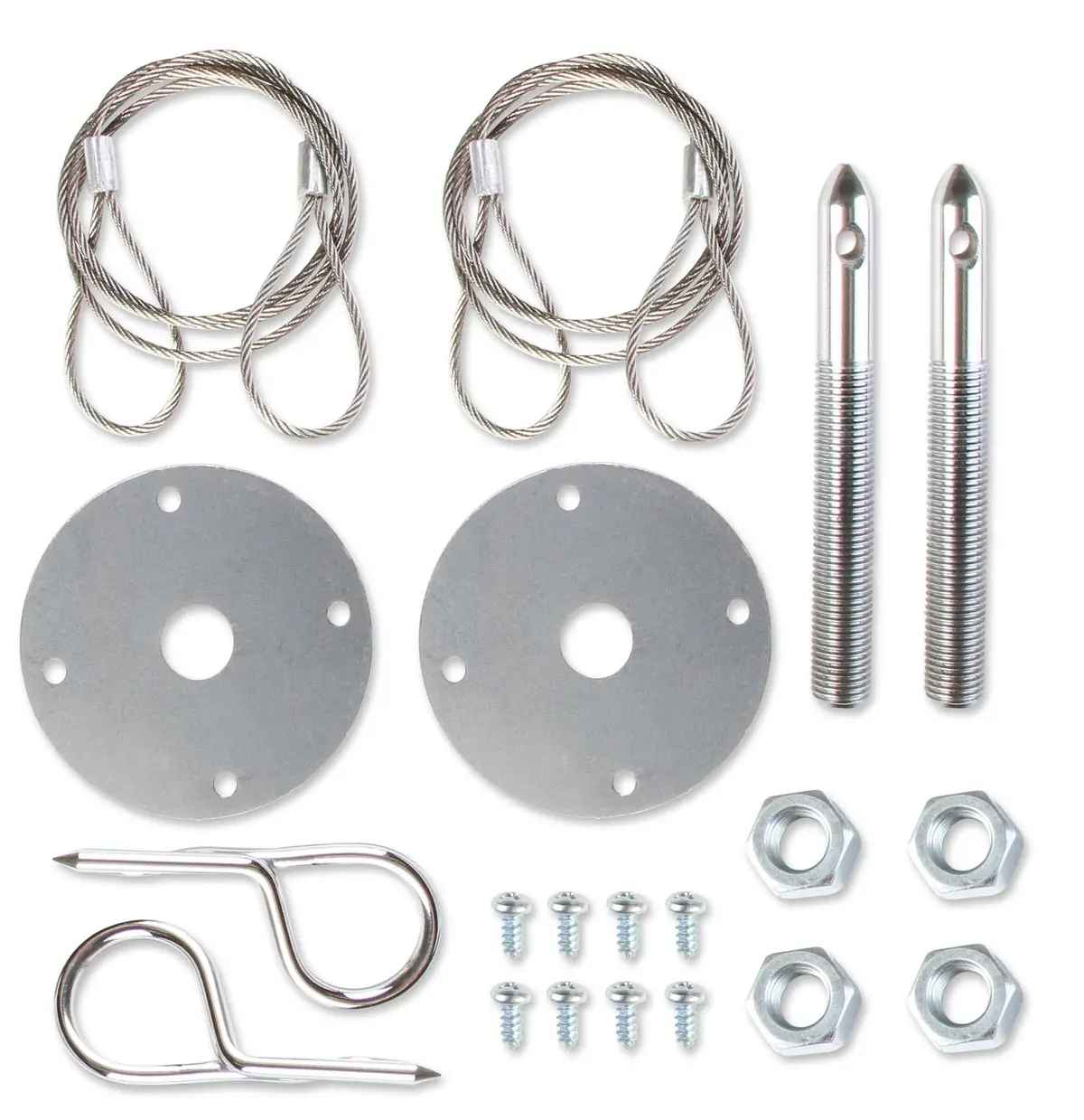 Mr Gasket 1616 Hood Pin Kit With Hairpin Style Clips, Lanyard Cables, And Scuff Plates. 1