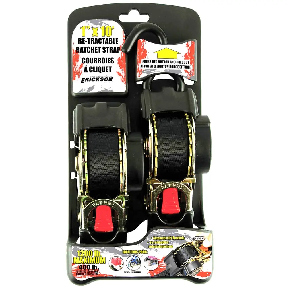 Erickson 34415 (2) 1"X10' 1200 Lb Re-Tractable Ratchet Tie Downs Black 1