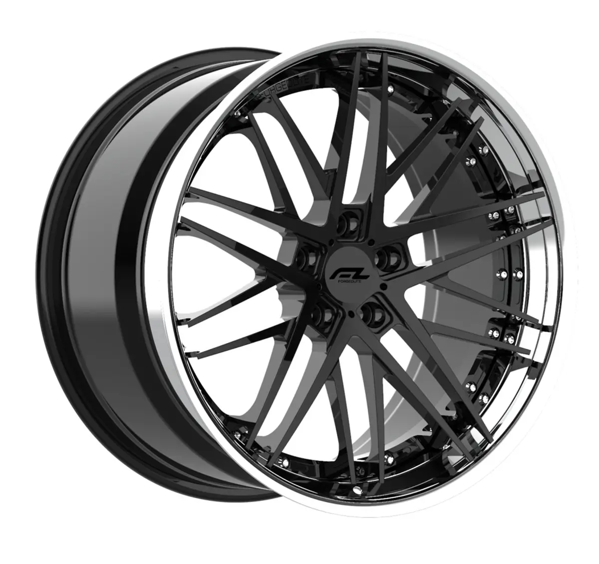 Forgedlite Rs7 3Pc C8 Corvette 20X9" Front 21X12" Rear Wheel And Tire Package - Gloss Black W/ Chrome Lip 1