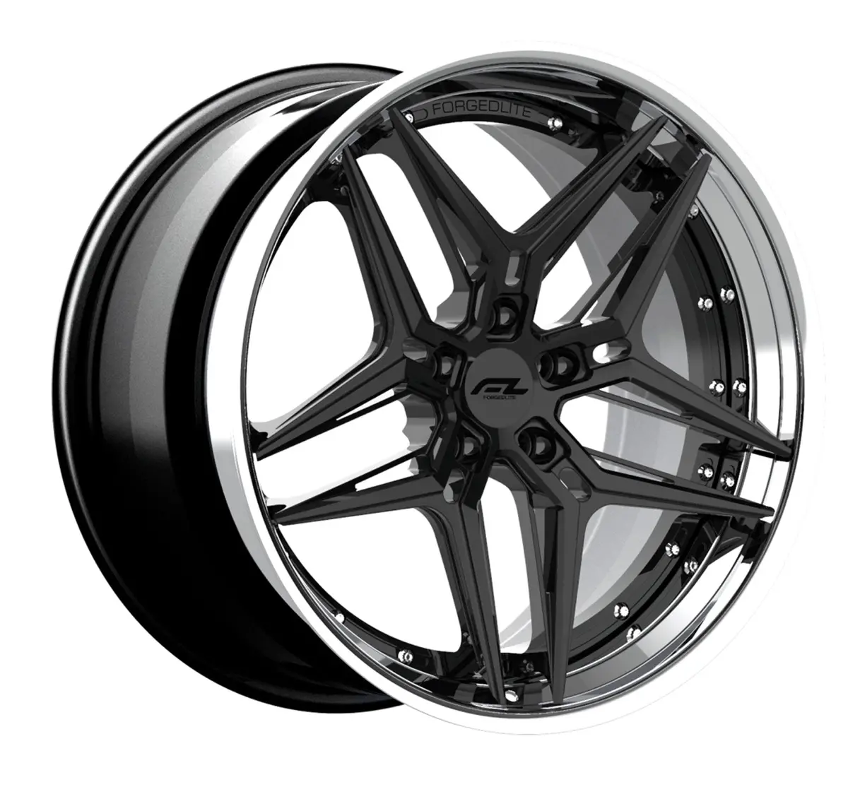 Forgedlite Rs8 3Pc C8 Corvette 20X9" Front 21X12" Rear Wheel And Tire Package - Gloss Black W/ Chrome Lip 1